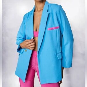 Boohoo Super Oversized Blue Blazer with Pink Accent